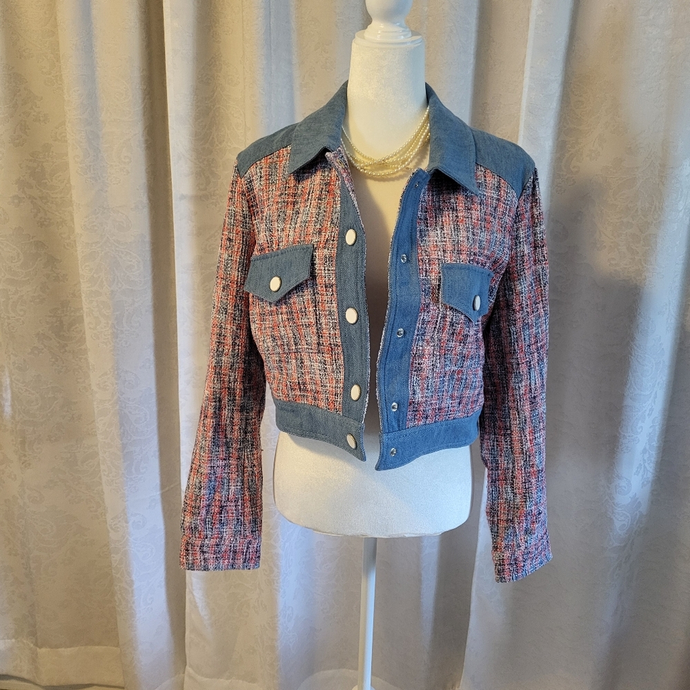 House Of Harlow 1960 Preppy Tweed Cropped Pearscen Button Blazer Size M, Blue - Picture 7 of 16